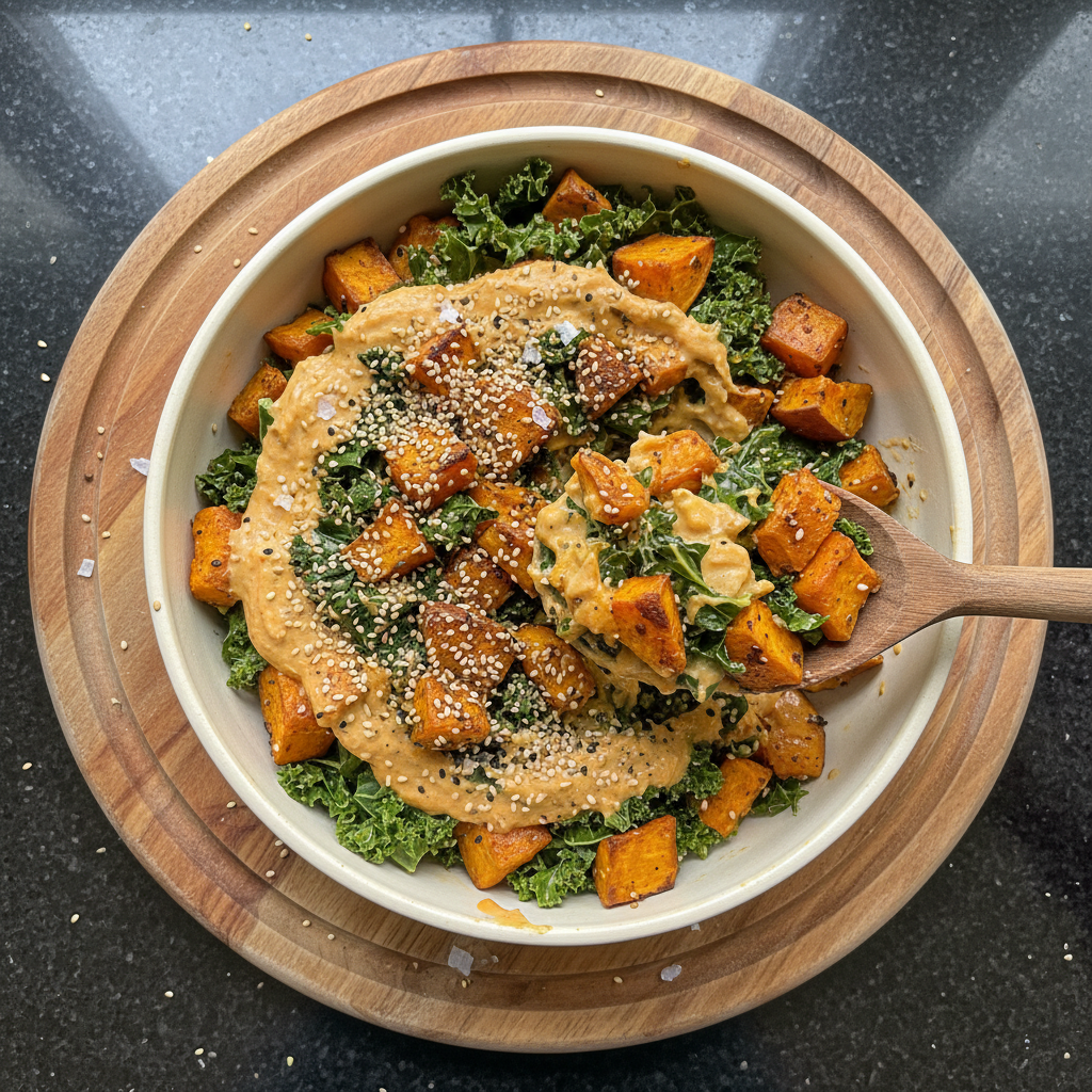 Herzhafte Süßkartoffel Grünkohl Bowl