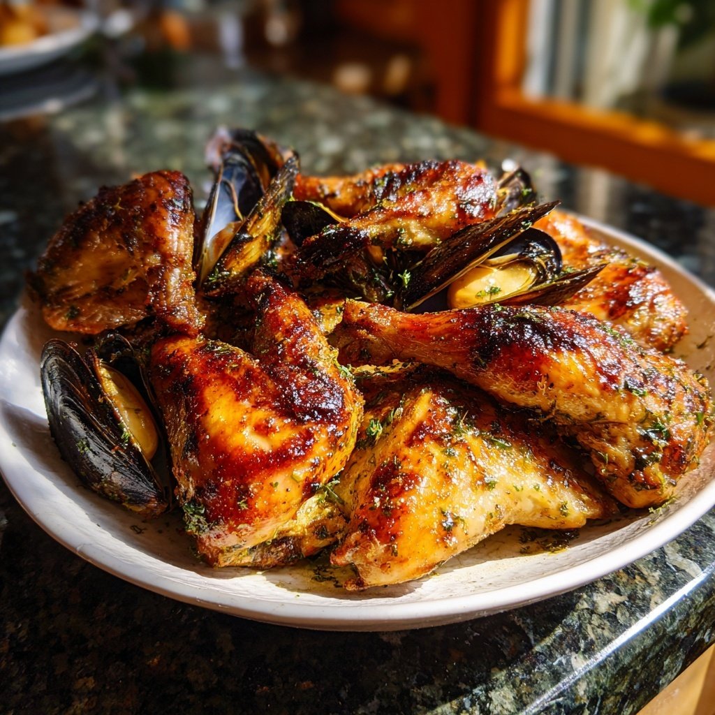 Gegrilltes Hähnchen mit Muschel Kombination