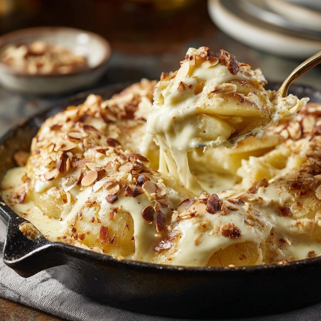 Bratapfel-Raclette mit Zimt, Vanillesoße und Mandeln​