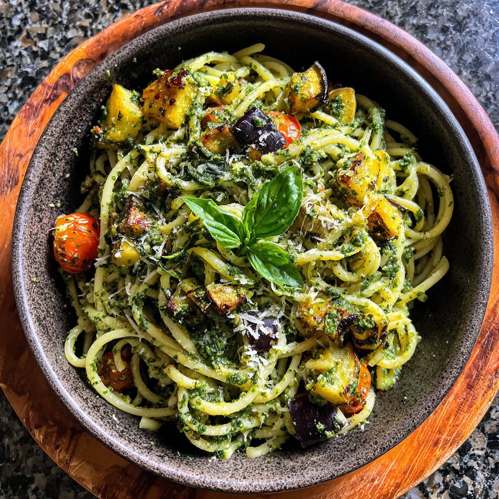 Pesto Pasta mit geröstetem Gemüse
