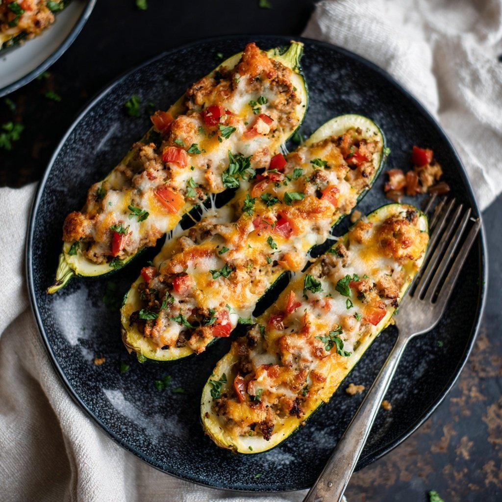 Gefüllte Zucchini-Boote mit gehacktem Putenfleisch