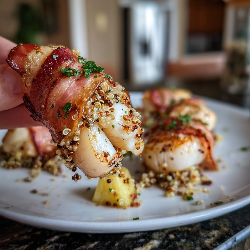 Speck umwickelt Jakobsmuscheln Ananas Quinoa