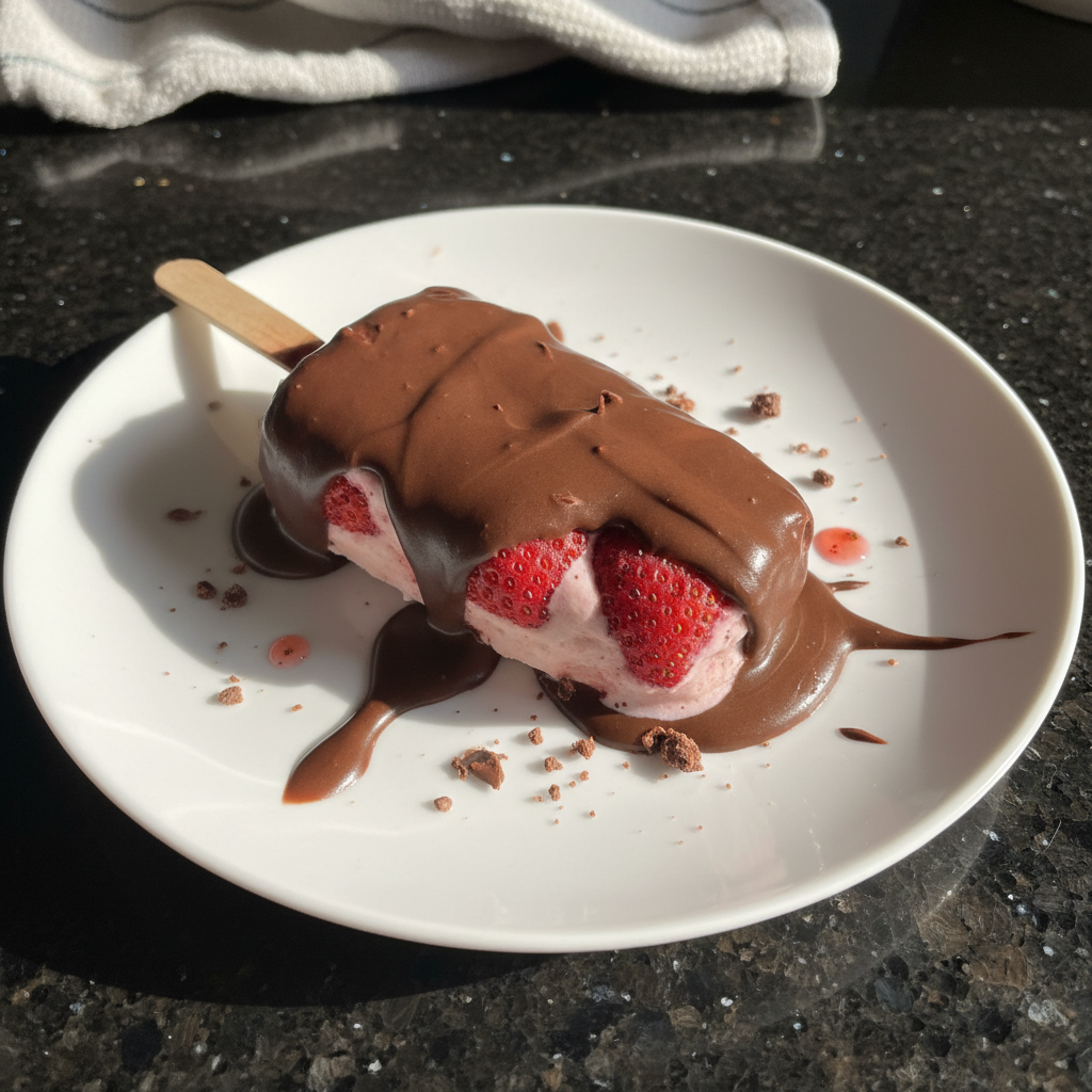 Schokoladenüberzogene Erdbeer Eis am Stiel